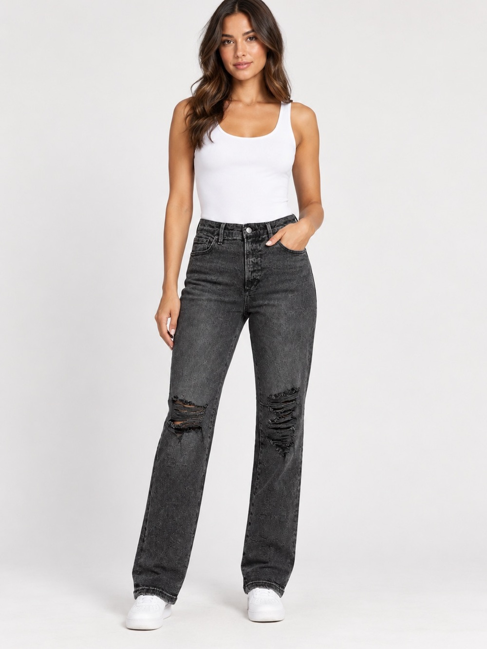 Good American Black Distressed Straight-Leg Jeans